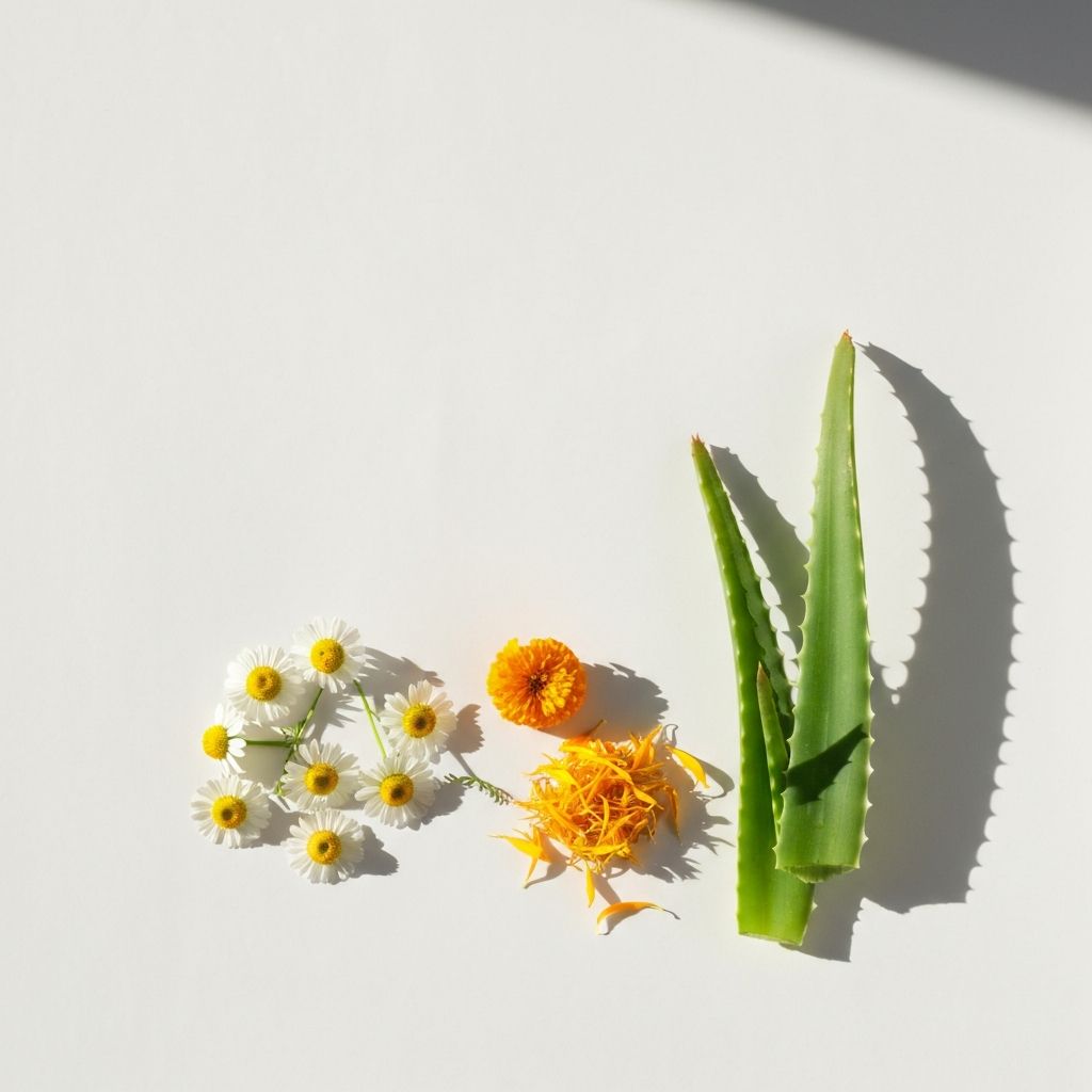 Naturalne ekstrakty roślinne - nagaetek, rumianek, aloes na białym tle